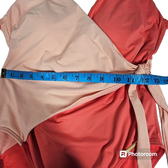 Vince Camuto Surplice Wrap Tie One Piece Swimsuit Women's 14 Coral Colorblock - Picture 12 of 13